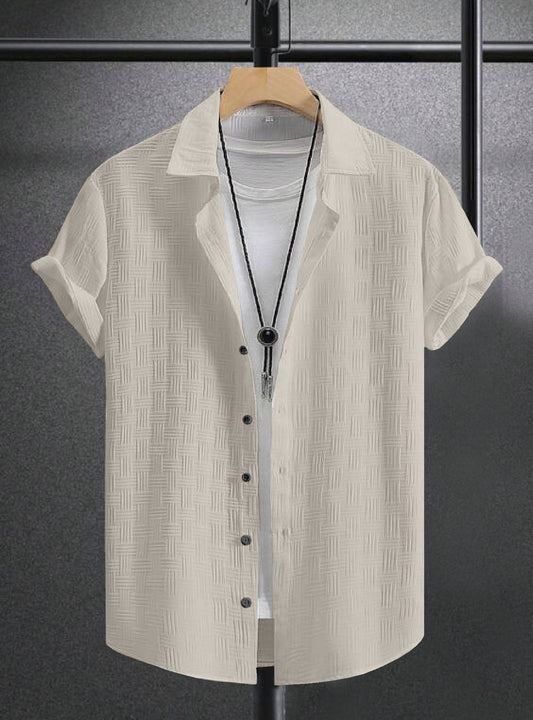 A Grey Textured Regular Fit Shirt with Short Sleeves