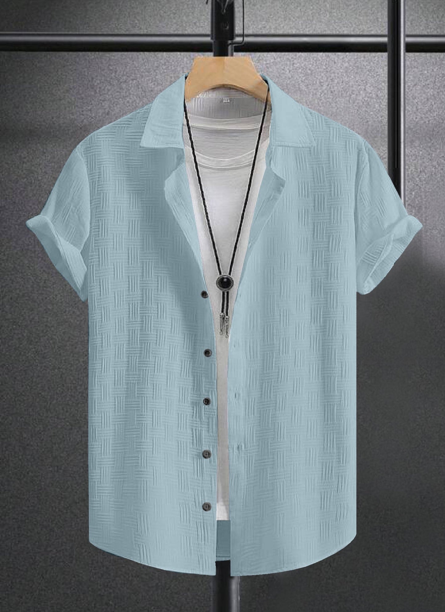 Pastel Blue Textured Regular Fit Shirt with Short Sleeves