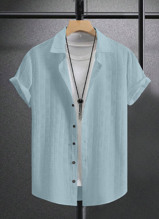 A Pastel Blue Textured Regular Fit Shirt with Short Sleeves