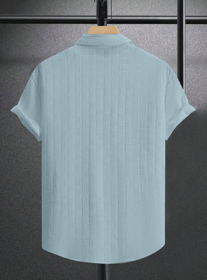 Pastel Blue Textured Regular Fit Shirt with Short Sleeves