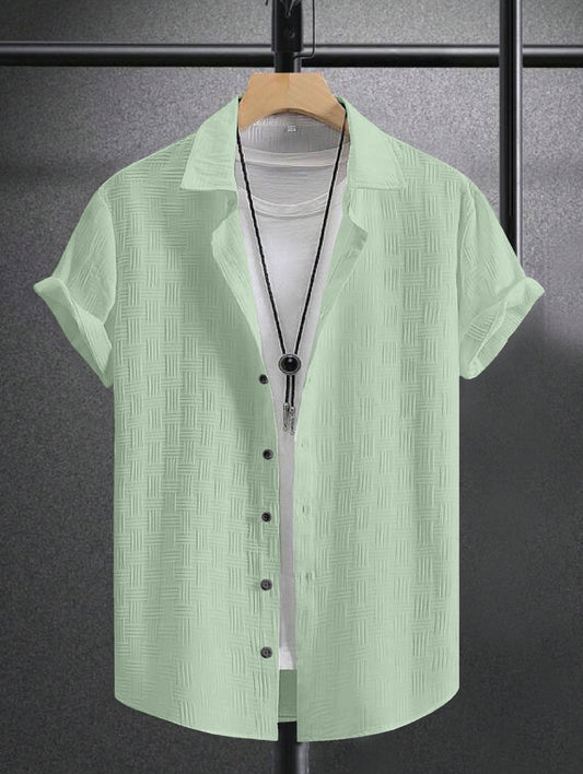 A Light Green Textured Regular Fit Shirt with Short Sleeves