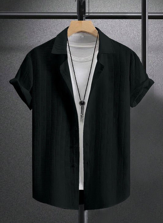 A Black Textured Regular Fit Shirt with Short Sleeves