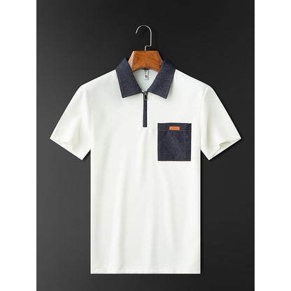 Denim Accent Zip-Crest Polo T-Shirt