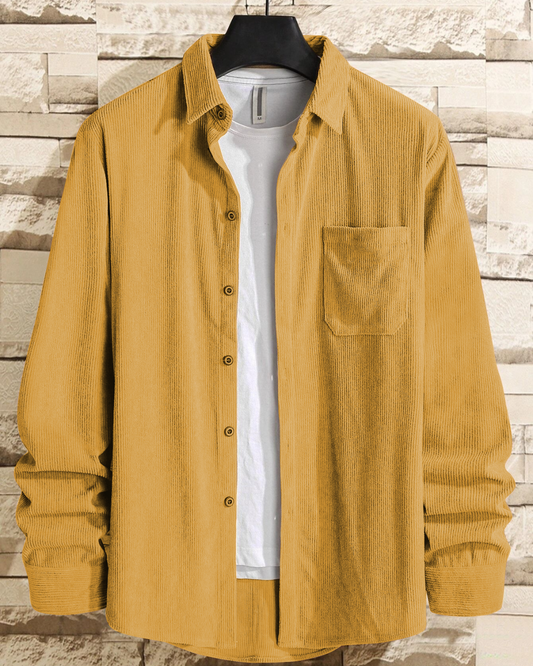 Gossamer Yellow  Men Corduroy Solid Shirt With Pocket