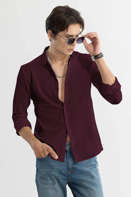 Maroon Textured Cottan  Fabric Premium Shirt For Man.